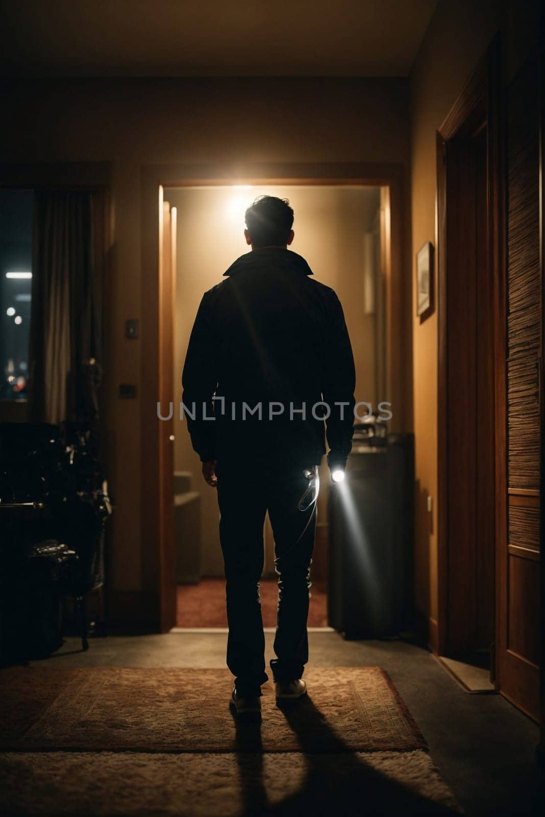 A solitary man stands in a dimly lit hallway, casting a long shadow as he pauses in contemplation.