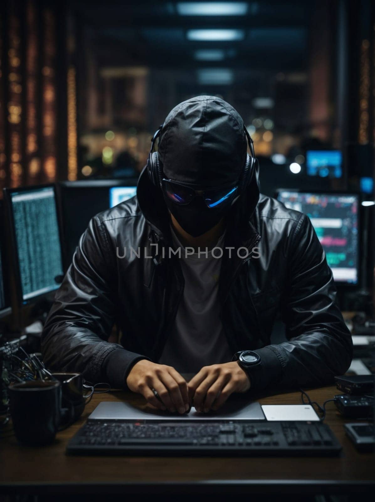 Man Wearing Mask Sitting at Desk Working in Office. Generative AI. by artofphoto