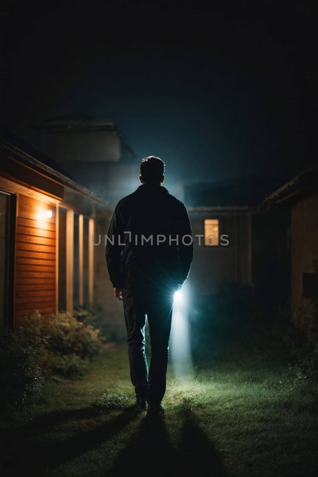 A lone man walking cautiously down a dimly lit street in the dark of night.