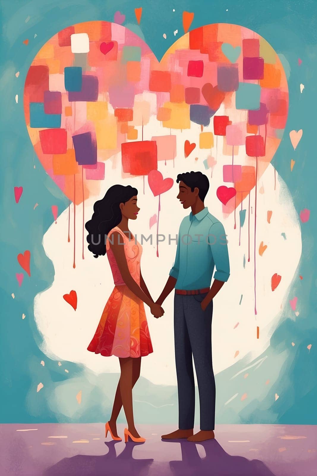 A couple lovingly hold hands as they stand in front of a heart shaped balloon.