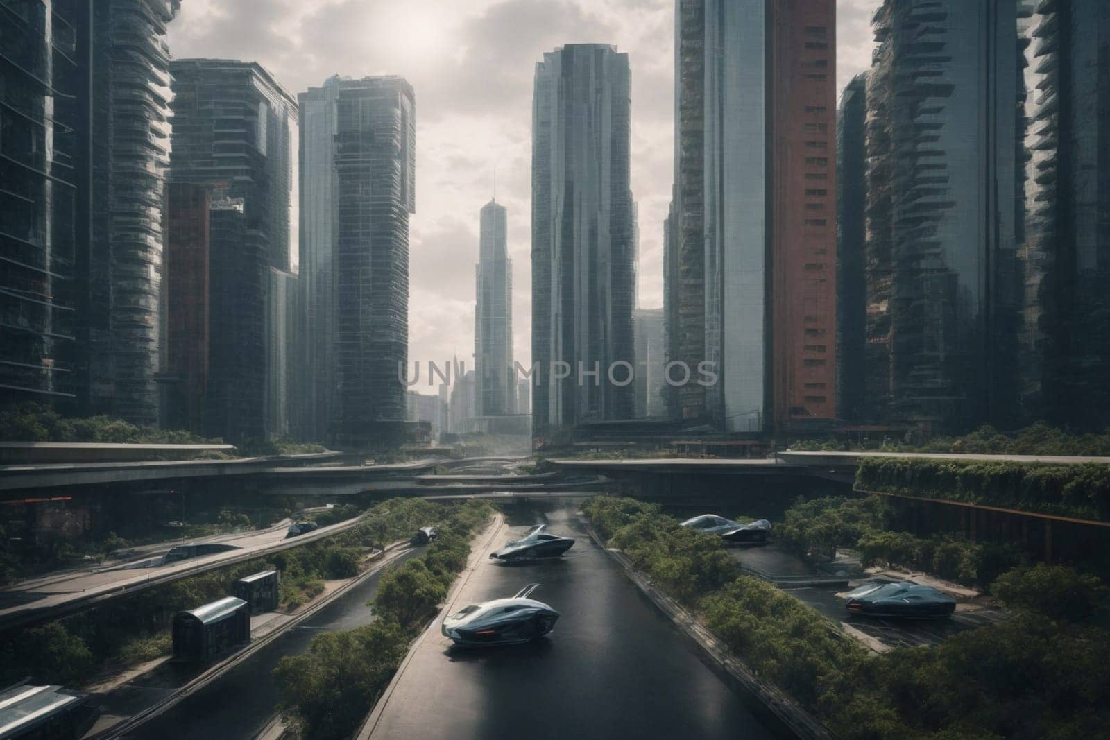 A bustling city scene with towering buildings and cars crowding the streets.
