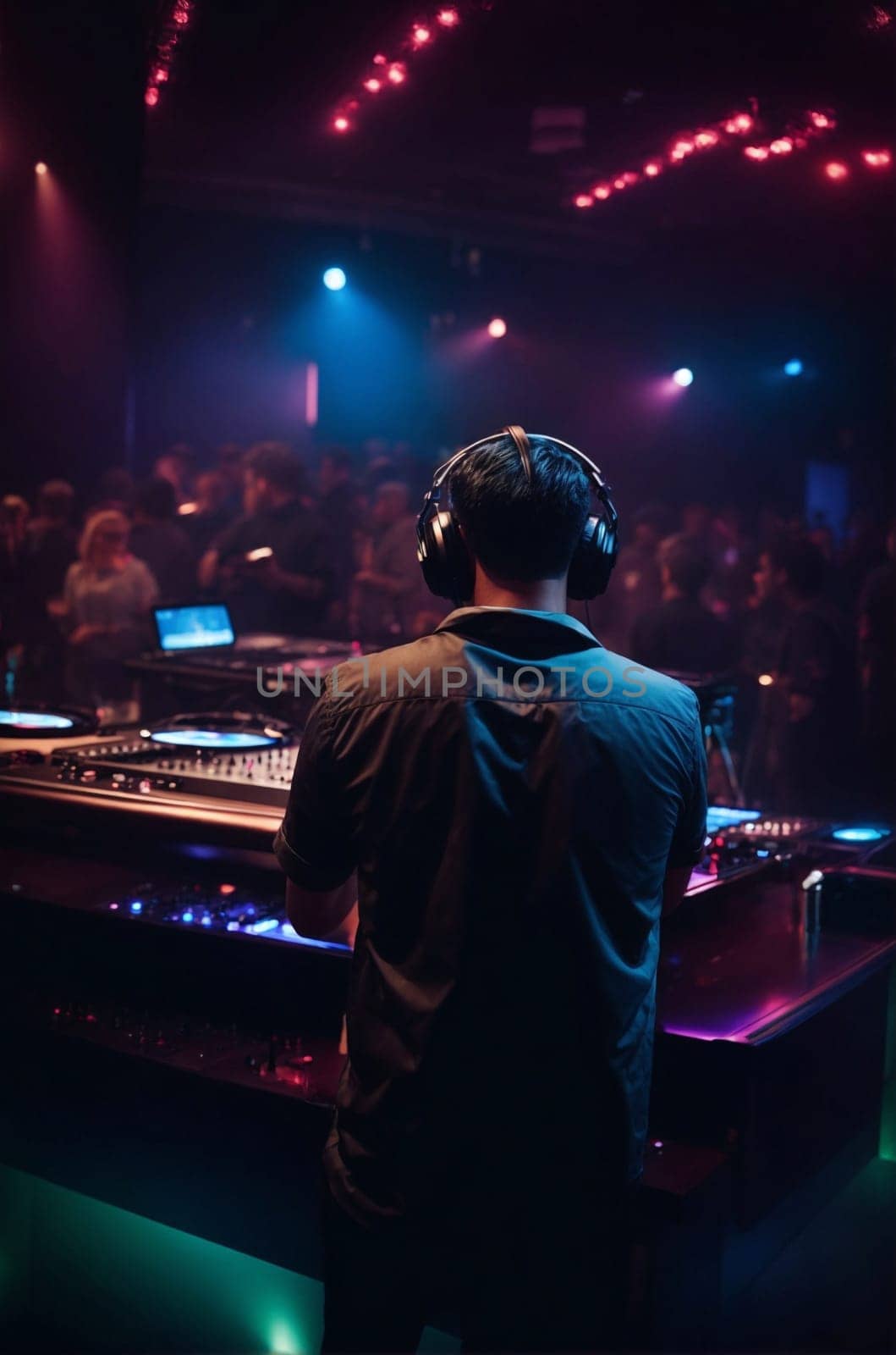 A man stands confidently in front of a professional mixing desk, ready to create music.