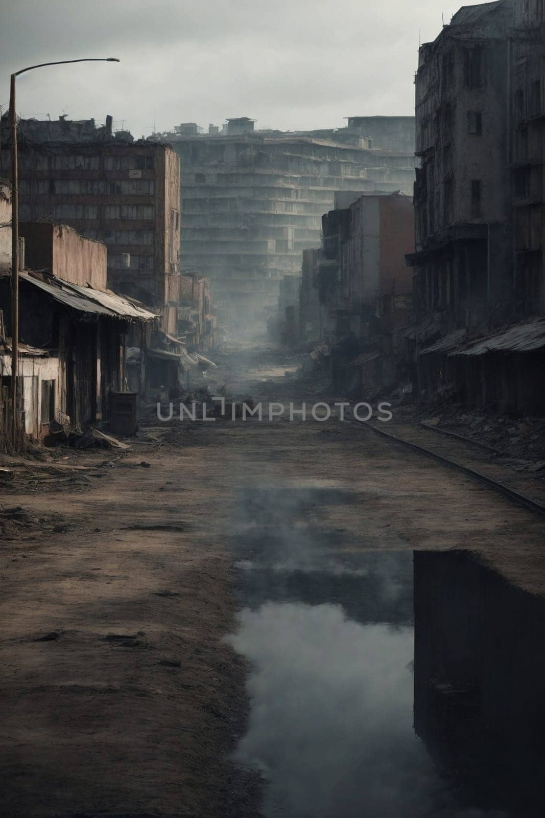 This photo captures a dirty street with a central puddle of water.