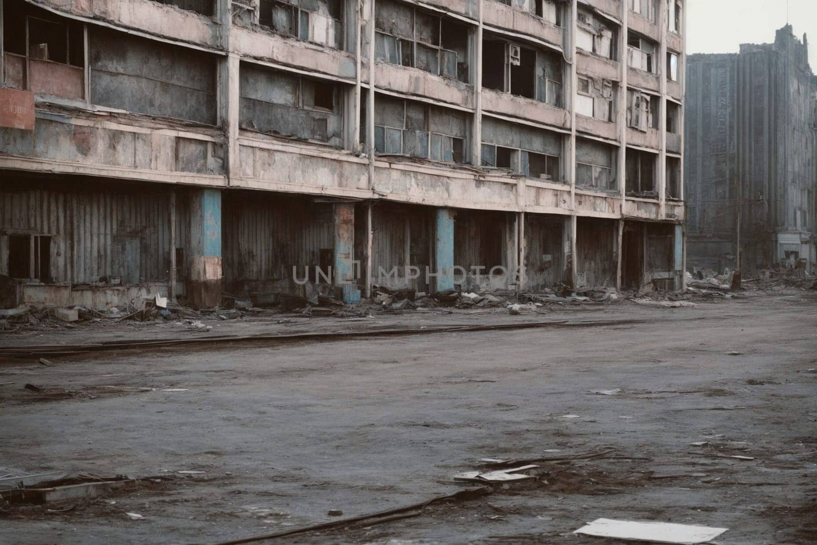 A rundown building stands neglected in the heart of a bustling city, a testament to a forgotten era.