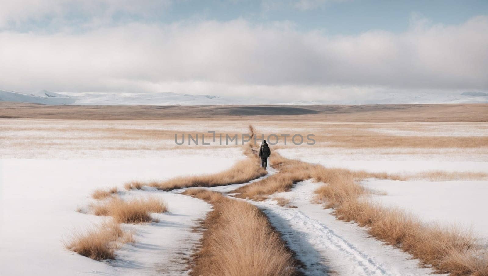 Person Walking Down Snow Covered Road. Generative AI. by artofphoto