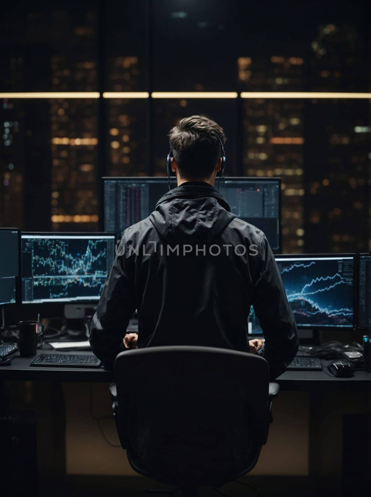 A man is seen sitting at a desk with three computer monitors in front of him.