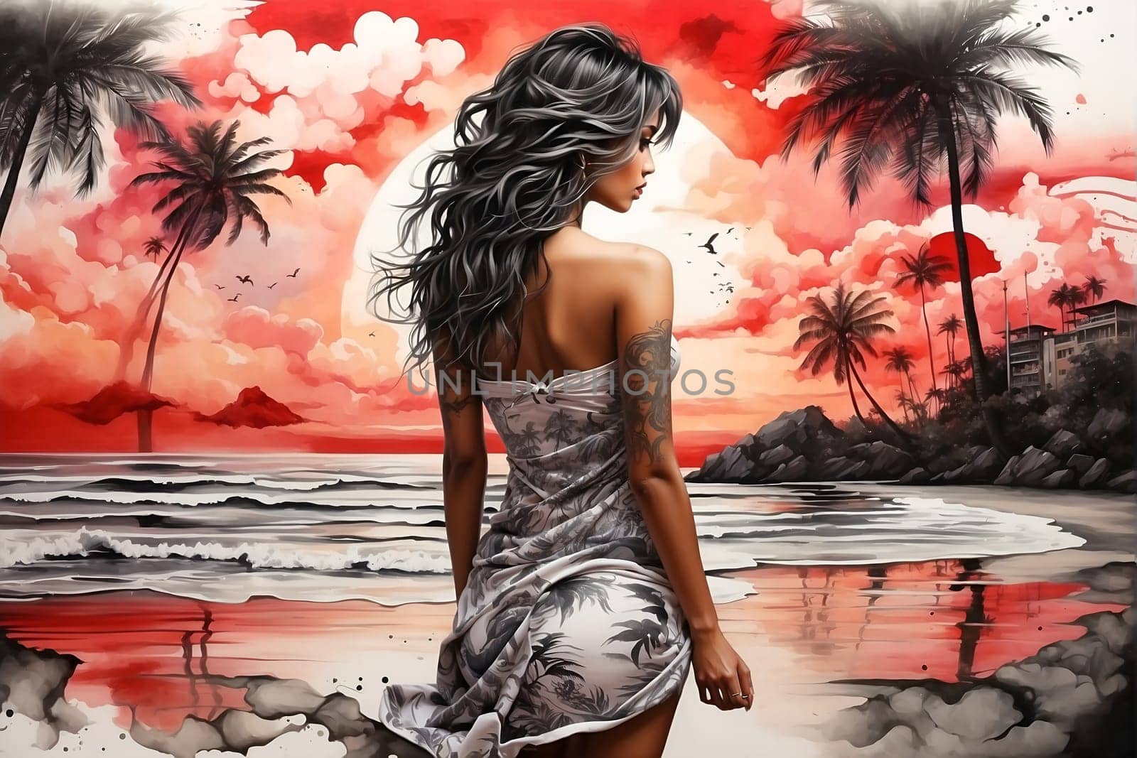A serene painting capturing the beauty of a woman gracefully walking on a sandy beach.