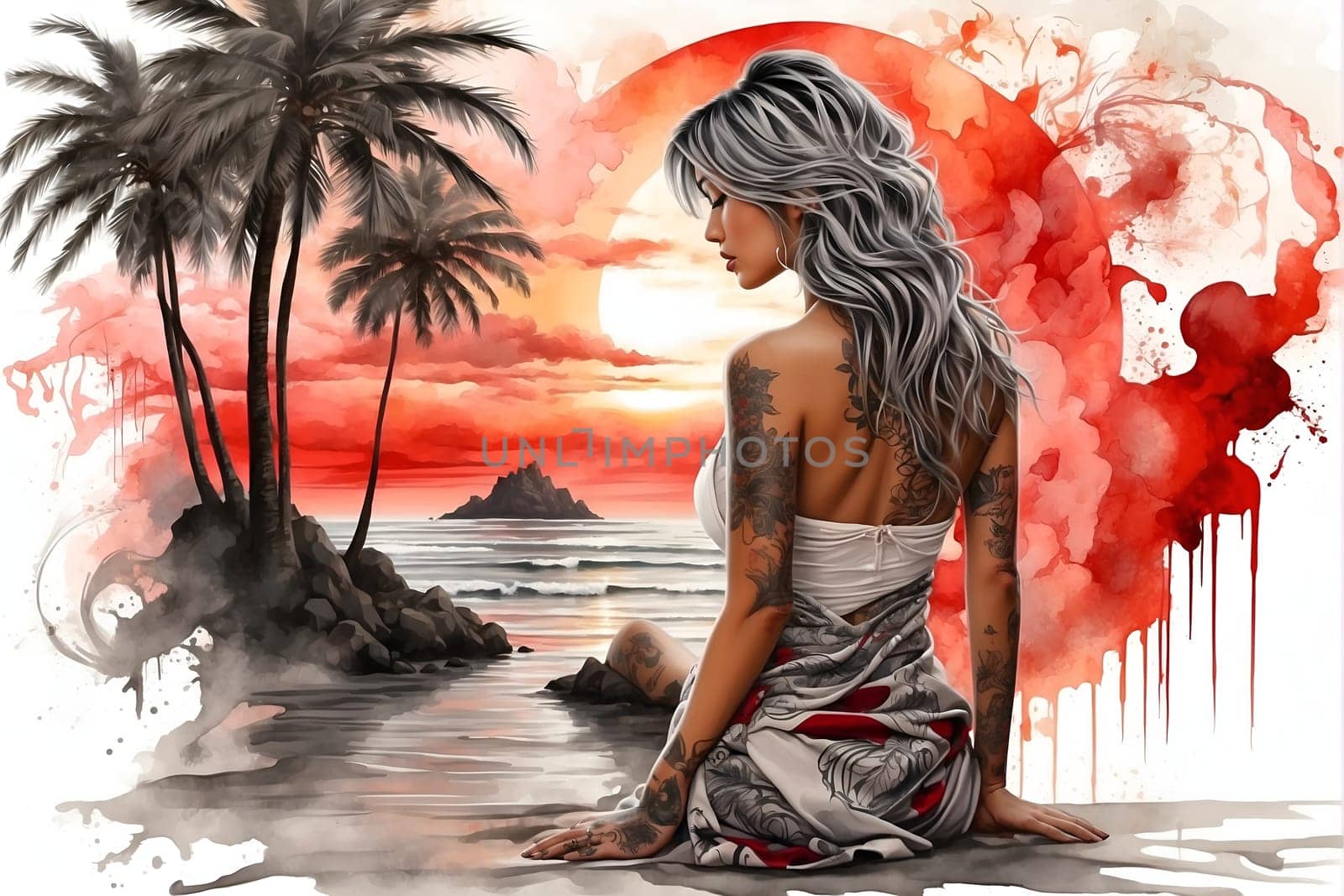 A stunning painting capturing the peacefulness of a woman sitting on a beautiful beach.