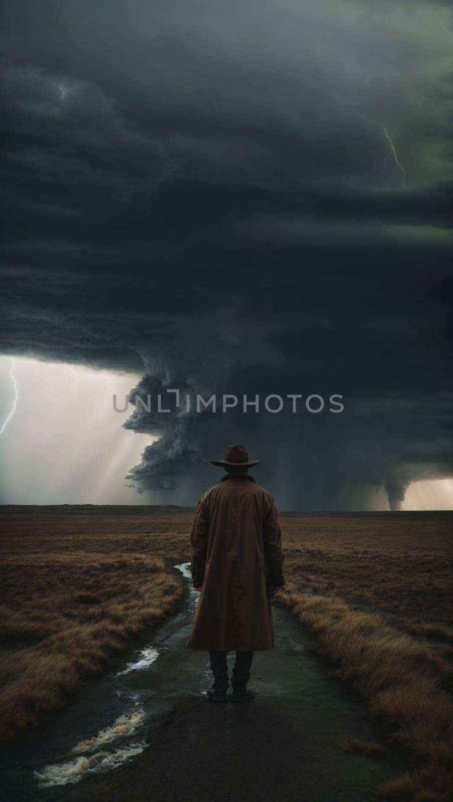 A lone man bravely strides down a desolate road, defying a raging storm.