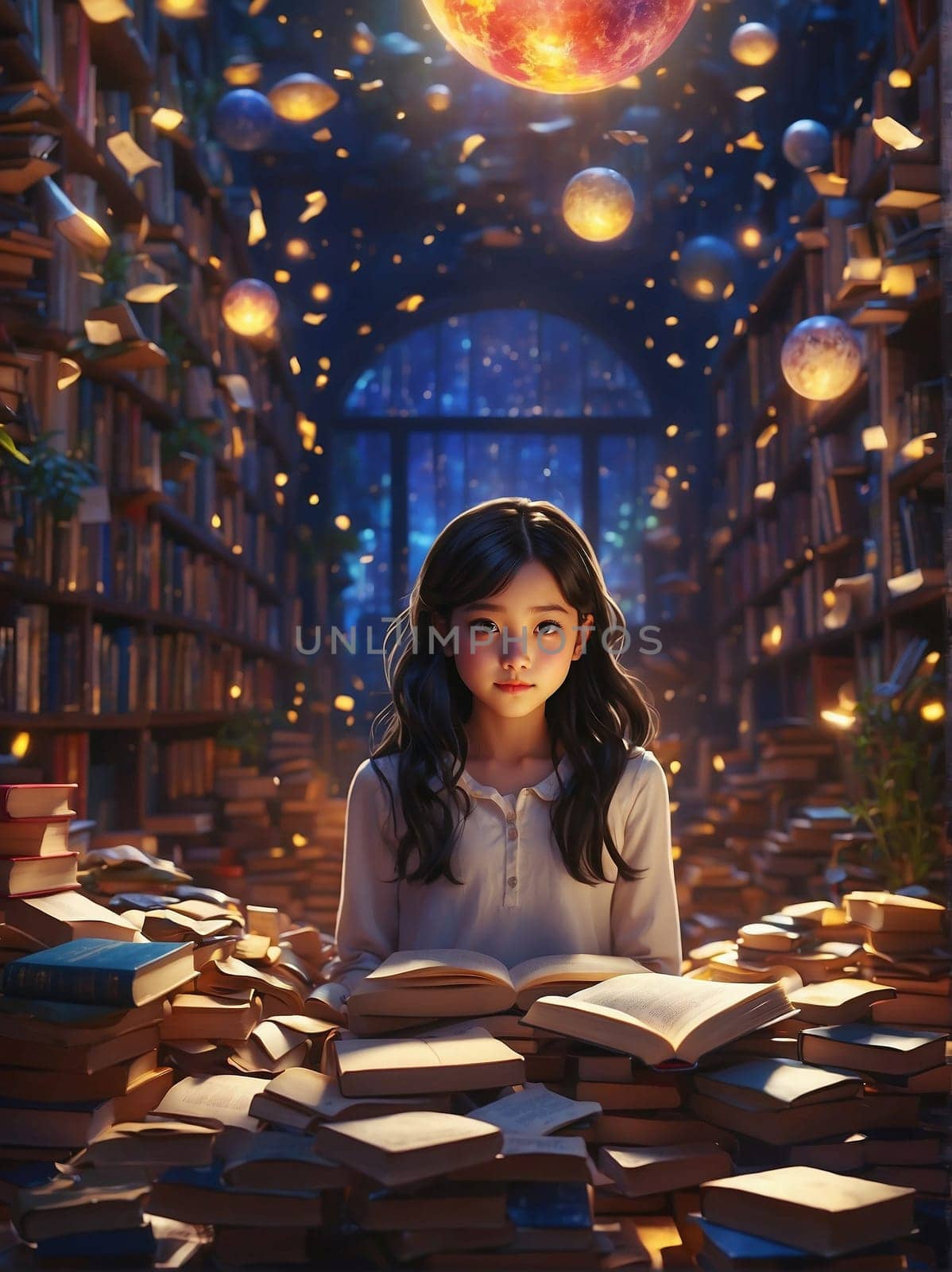 A young girl sits at a table surrounded by an abundance of books in a library.