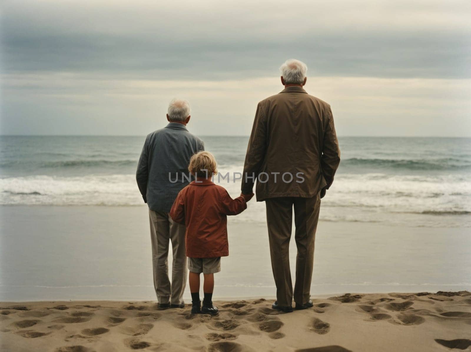 An older couple and a young child enjoy a peaceful moment standing together on a beautiful beach.