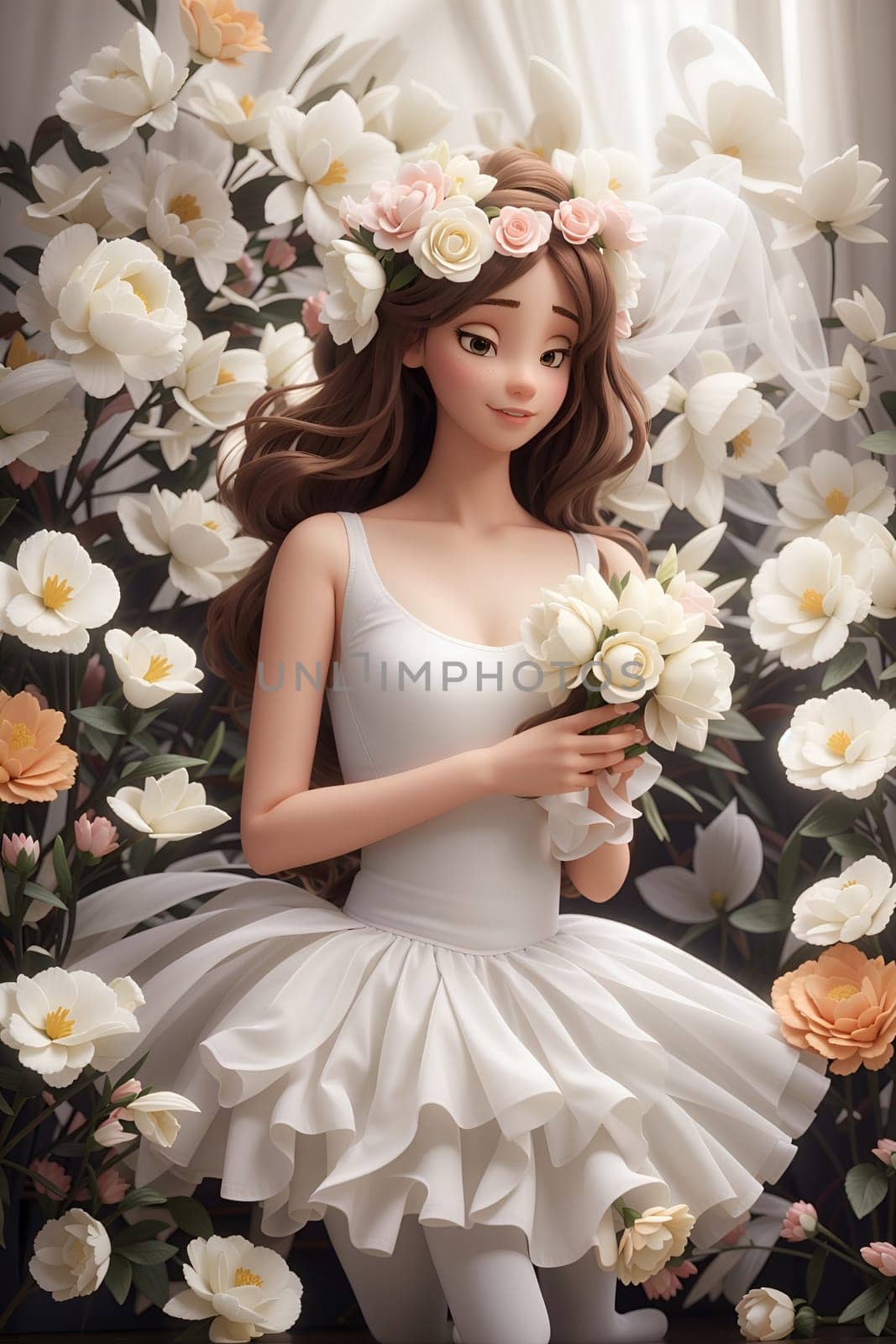 A captivating painting depicting a woman elegantly dressed in white, delicately holding a bouquet of vibrant flowers.