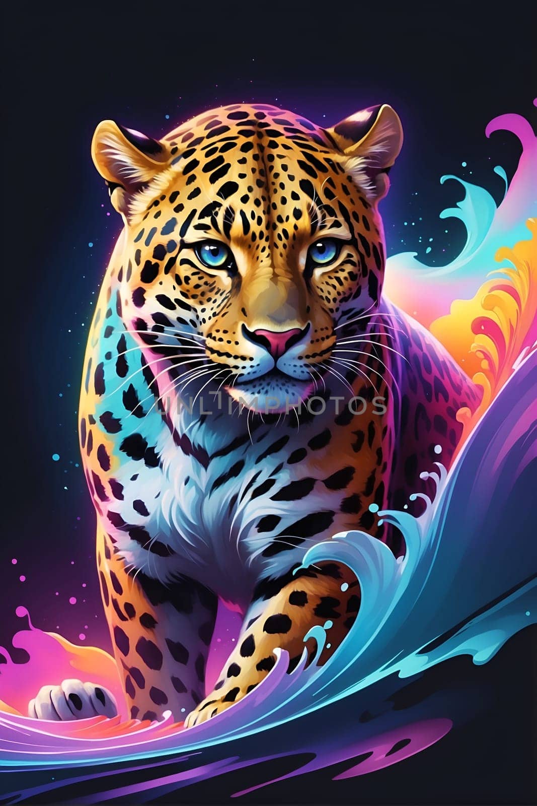 A striking painting of a leopard against a solid black background, showcasing the beauty and power of this majestic creature.