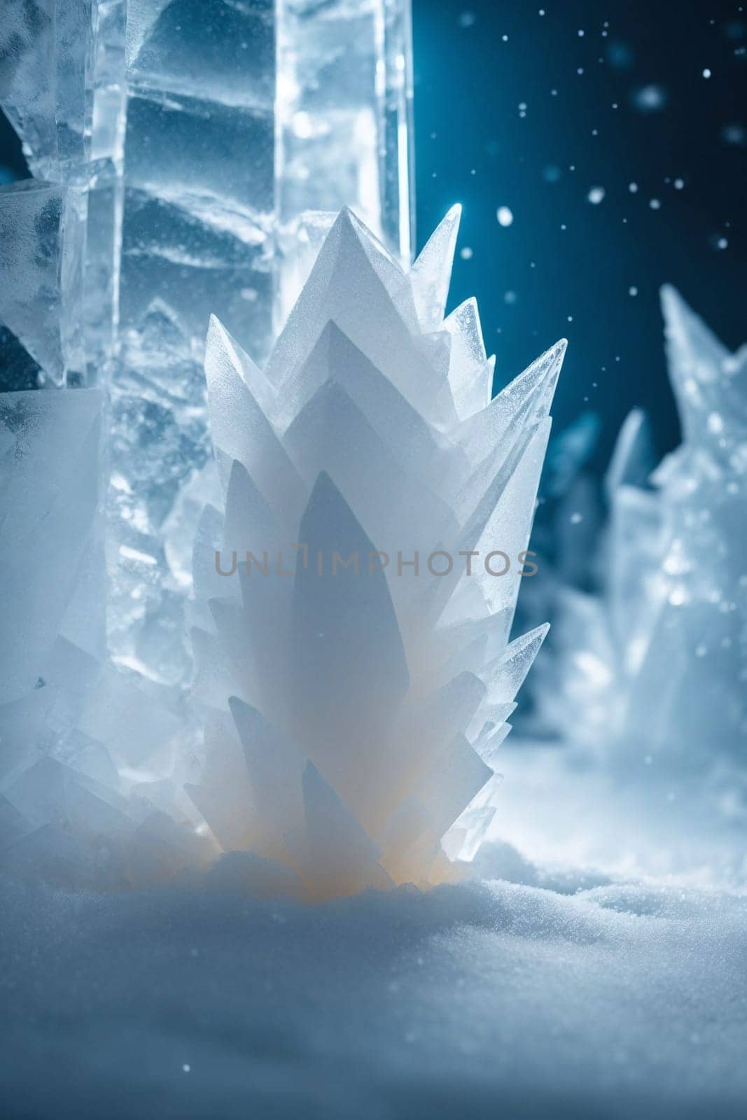 A detailed view of an ice sculpture surrounded by a snowy landscape.