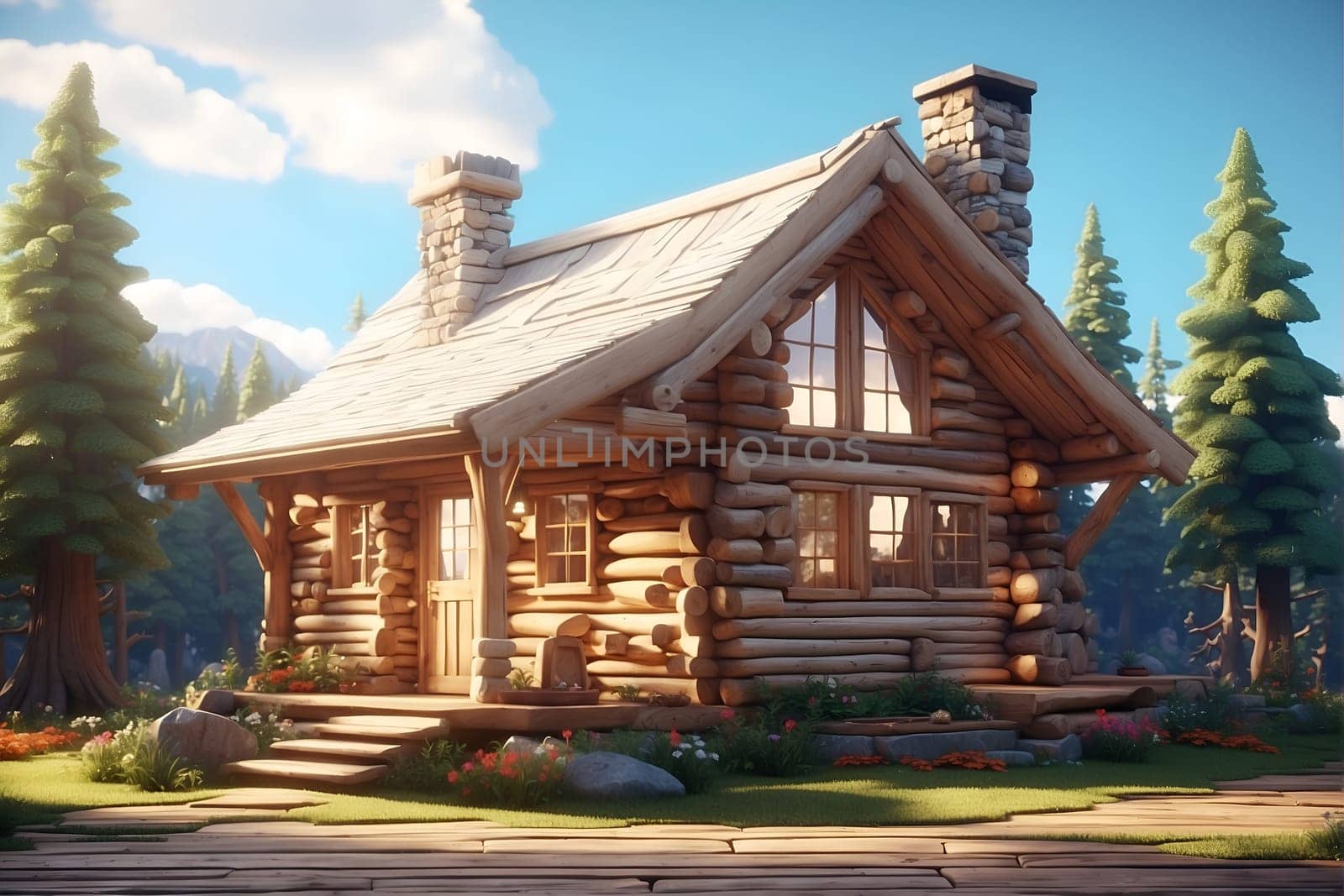Cozy Log Cabin With Porch and Stairs in a Serene Setting. Generative AI. by artofphoto
