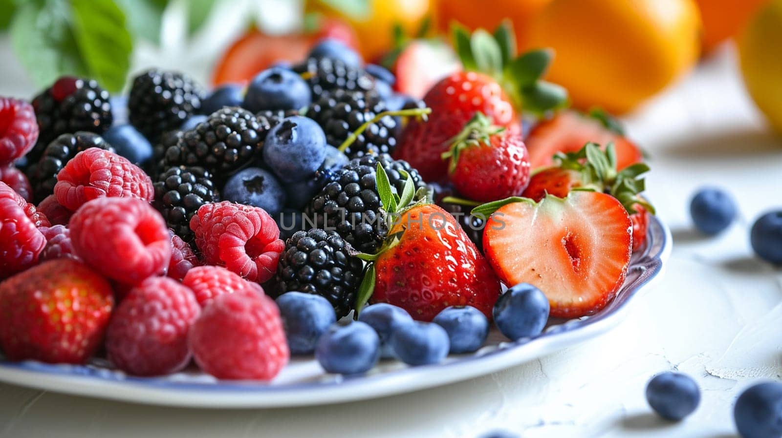 Plate with berries on the table. selective focus. Food Generative Ai,