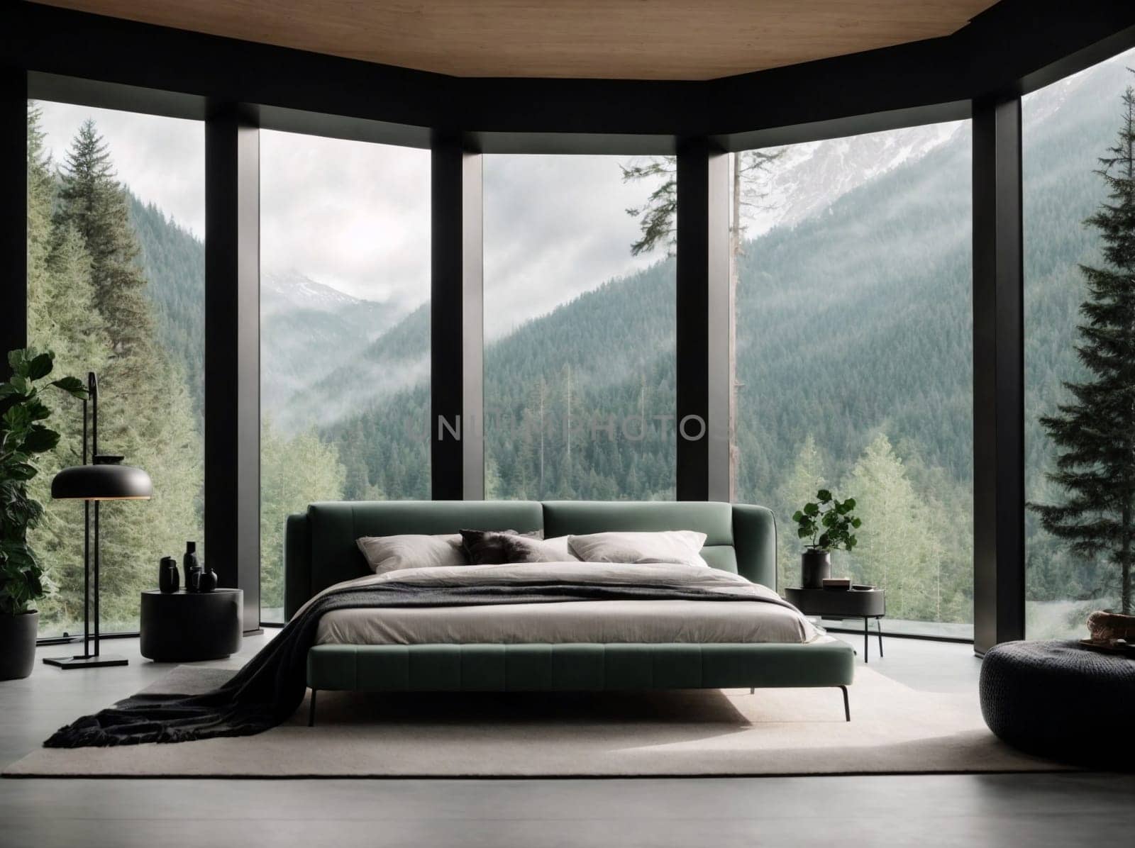 Spacious Bedroom With Bed and Large Window. Generative AI. by artofphoto