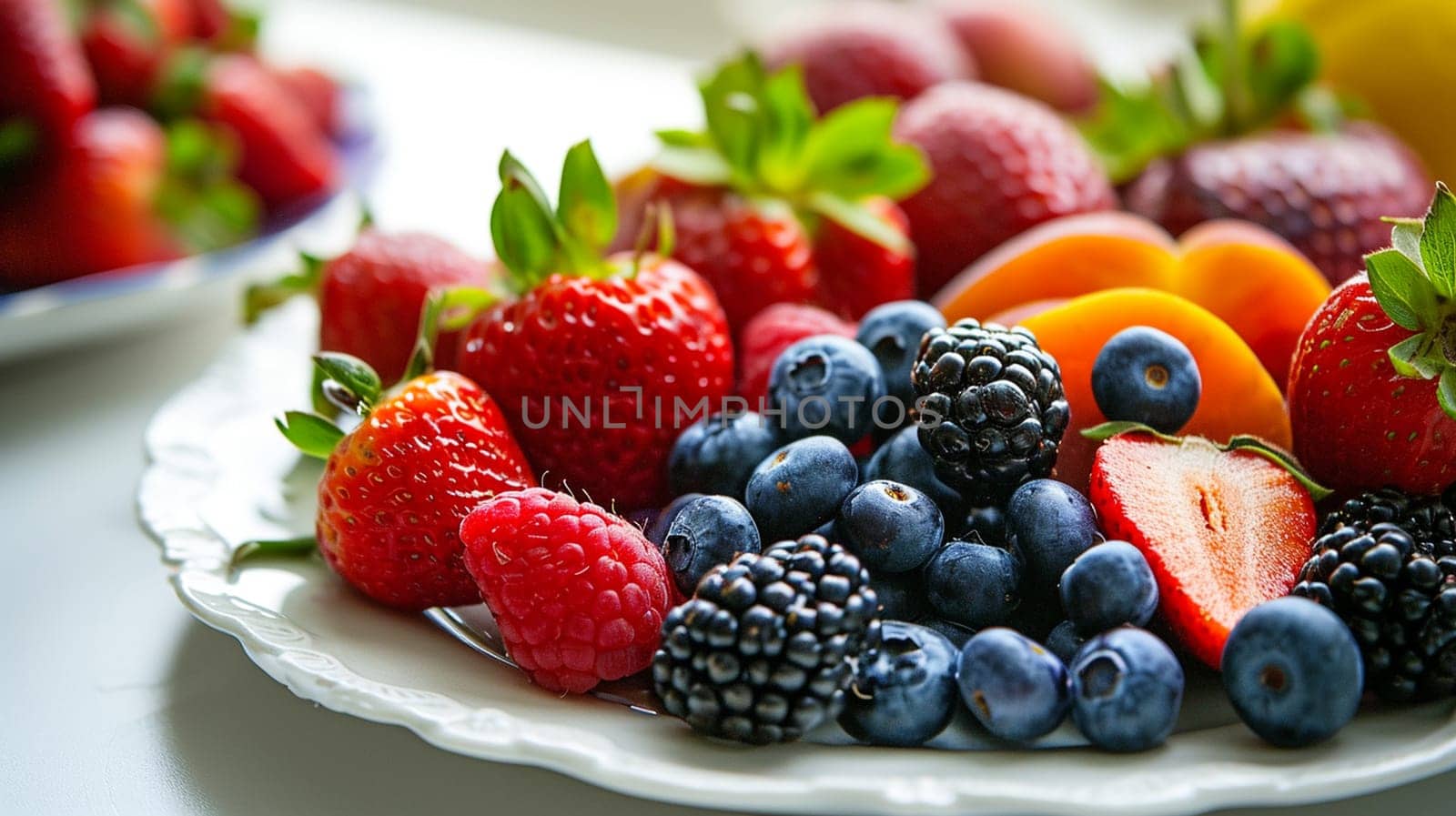 Plate with berries on the table. selective focus. Food Generative Ai,
