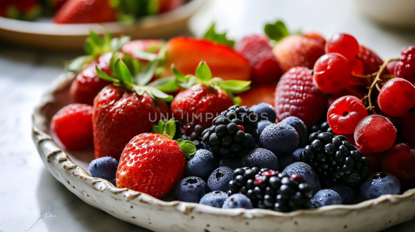 Plate with berries on the table. selective focus. Food Generative Ai,