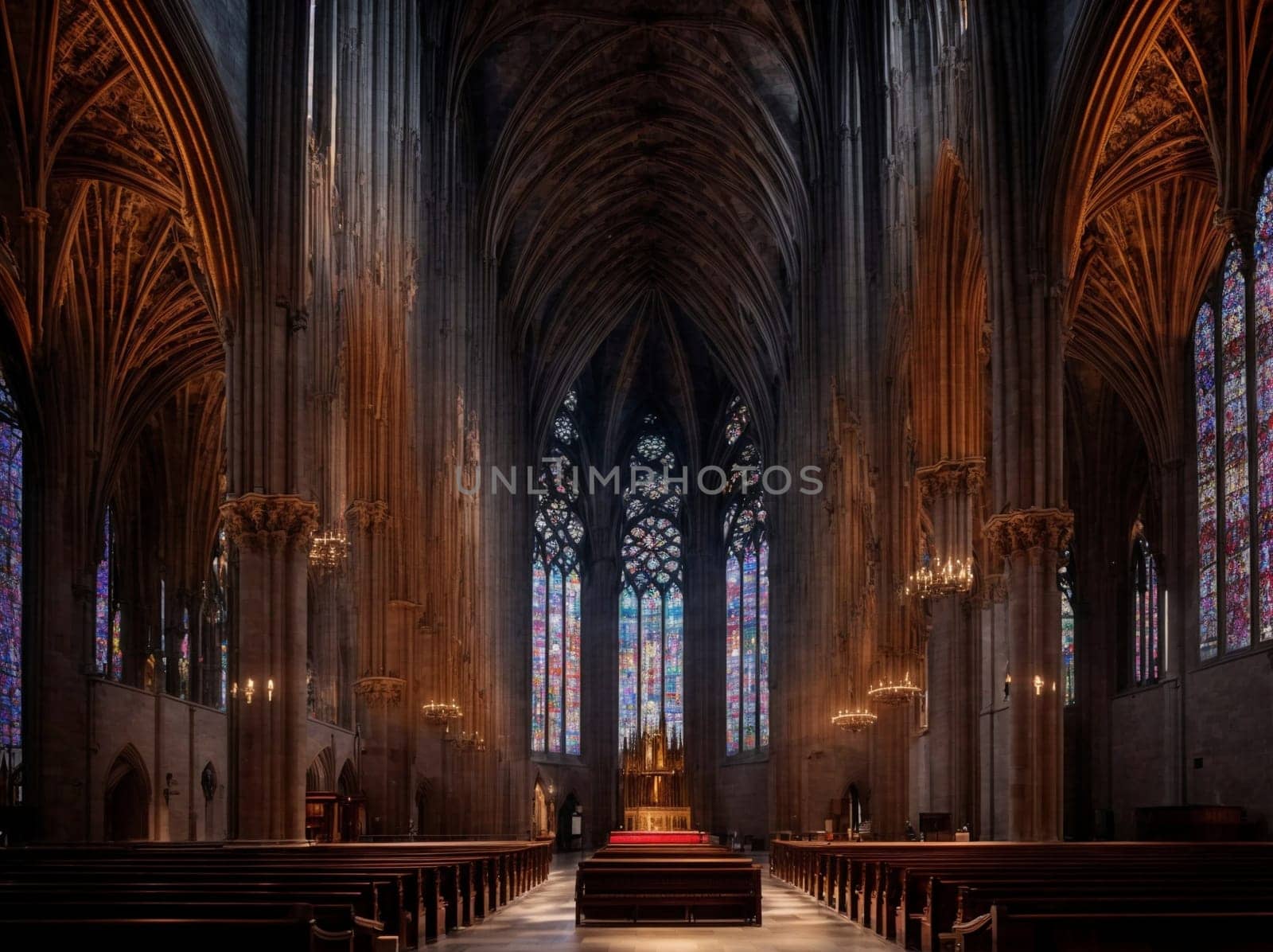 Stunning Cathedral With Stained Glass Windows and Pews. Generative AI. by artofphoto