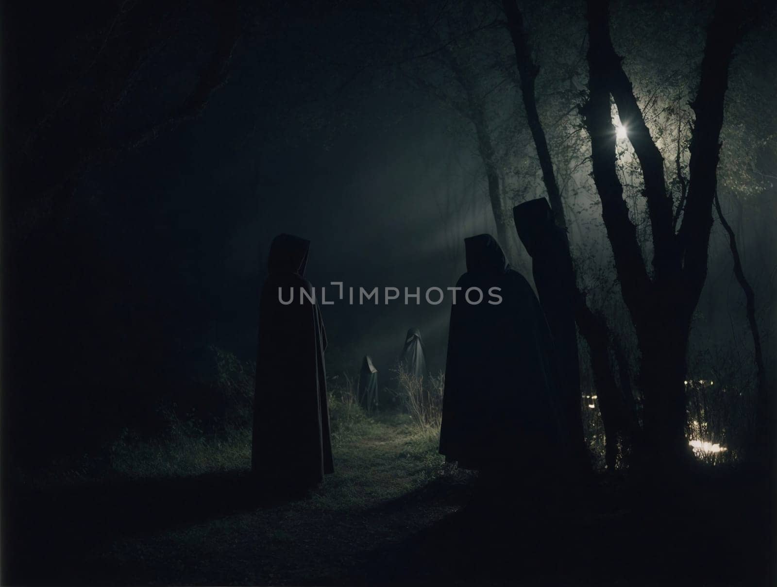 Group of People Standing in a Dark Forest. Generative AI. by artofphoto