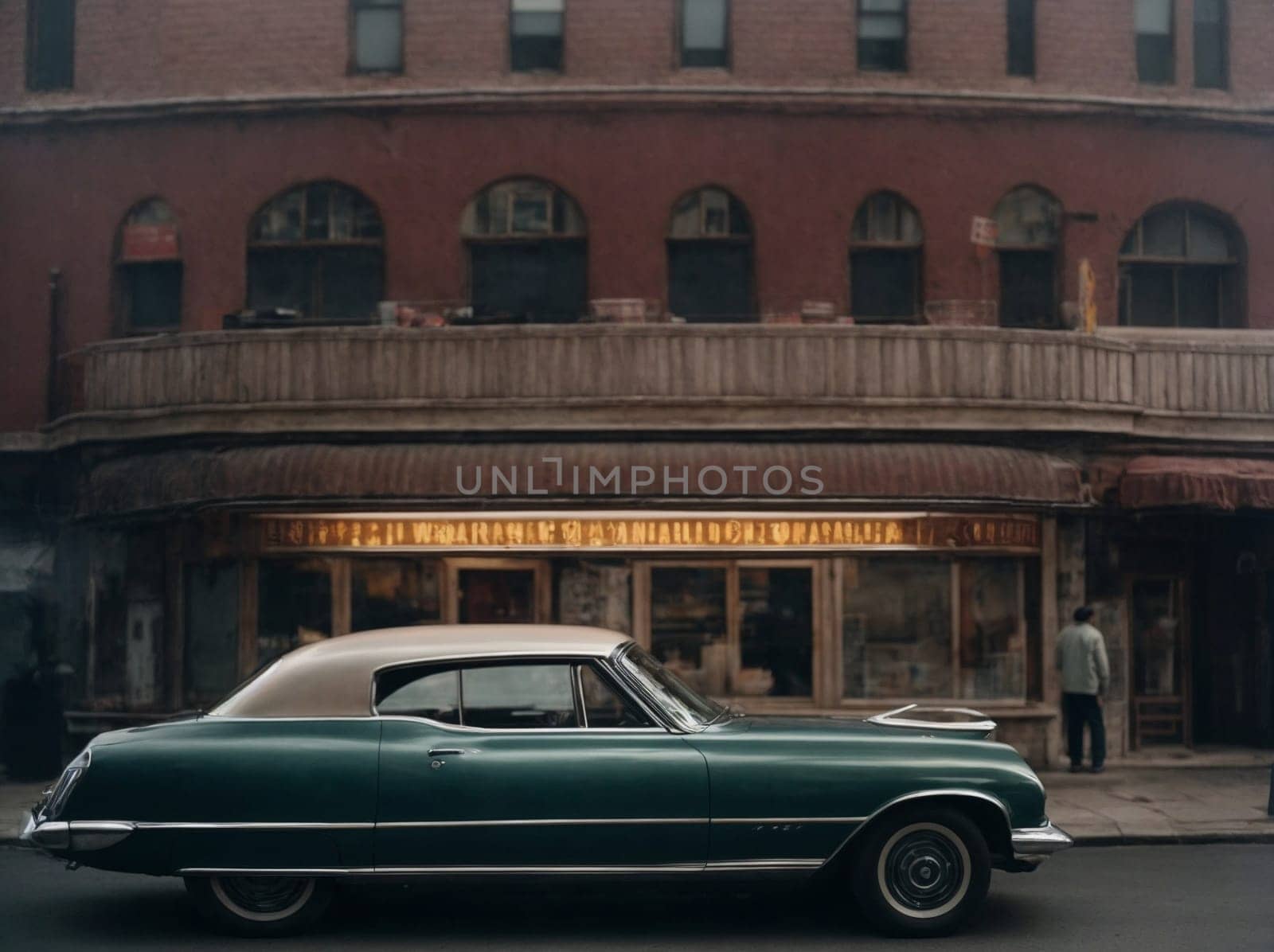 Green Car Parked in Front of Building. Generative AI. by artofphoto