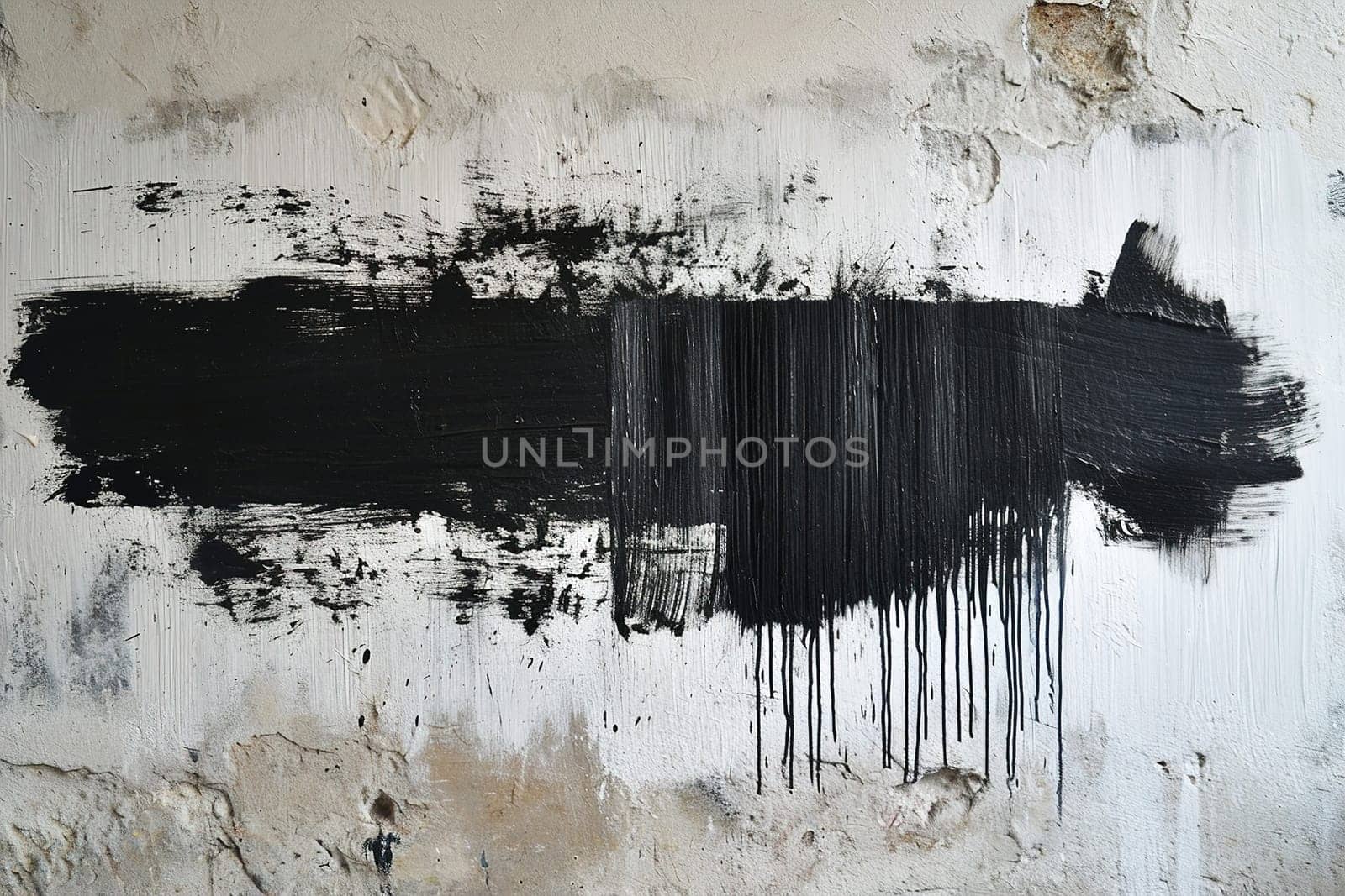 A bold, black rectangular brush stroke on a concrete wall, symbolizing simplicity and contrast. Copy space. Perfect for adding custom text or message. Generative AI