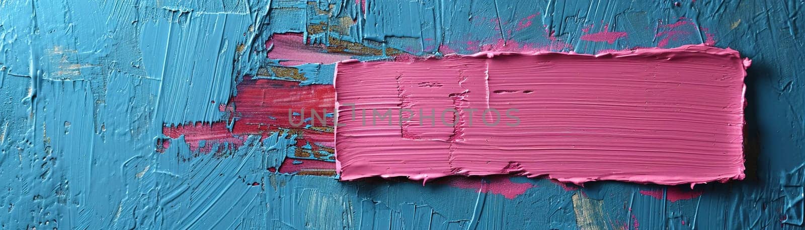A textured blue wall featuring a contrasting pink rectangular paint stroke, perfect for adding custom text or messages, ideal for striking design projects and art backgrounds. Generative AI