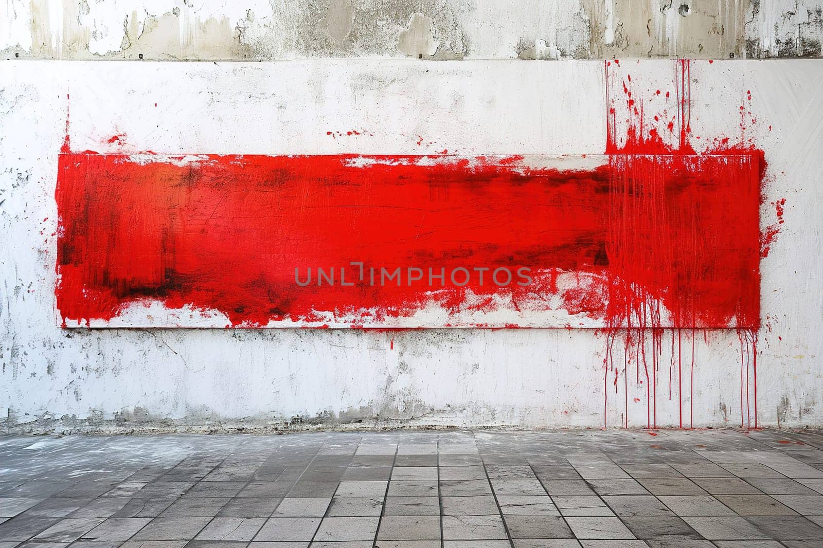 A bold red rectangular brushstroke dominates a white wall, offering a dramatic background with space for personalized text, ideal for impactful advertising or artistic messages. Generative AI. by creativebird