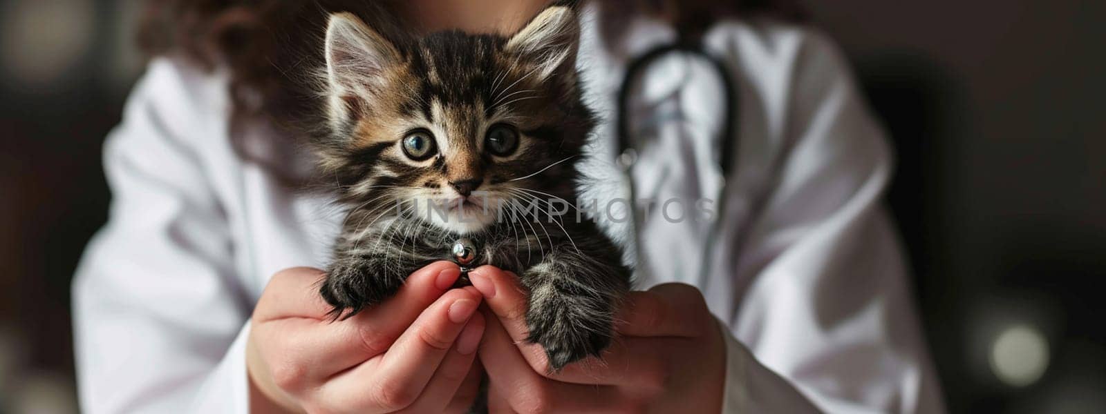 The veterinarian holds a small kitten in his hands. selective focus. Generative AI, by mila1784