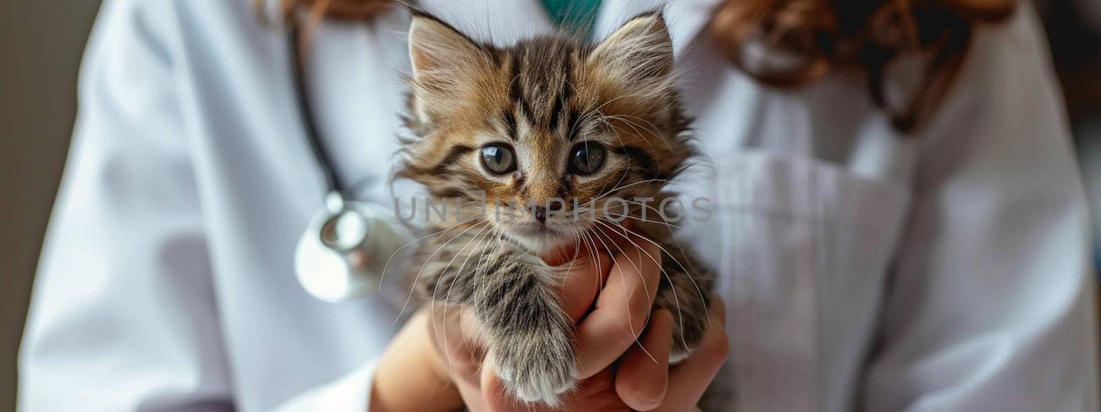 The veterinarian holds a small kitten in his hands. selective focus. Generative AI, by mila1784