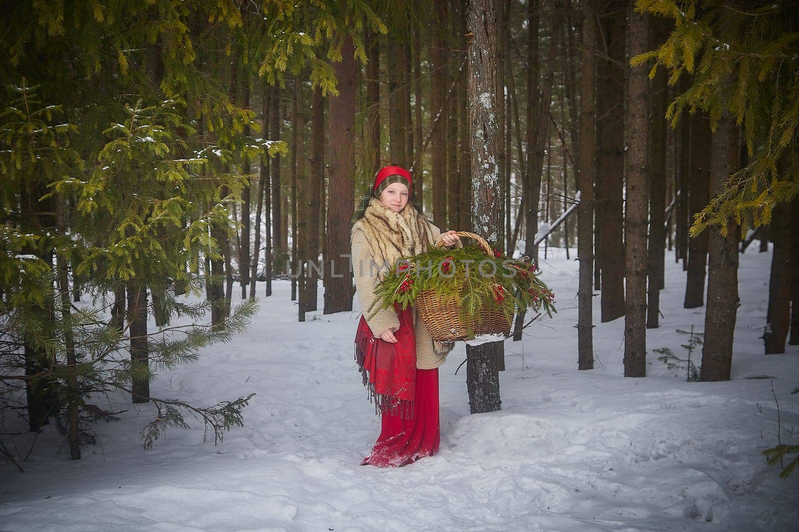 Teen girl in thick coat and a red sash with basket of fir branches and berries in cold winter day in a forest. Medieval peasant girl with firewood. Photoshoot in stile of Christmas fairy tale