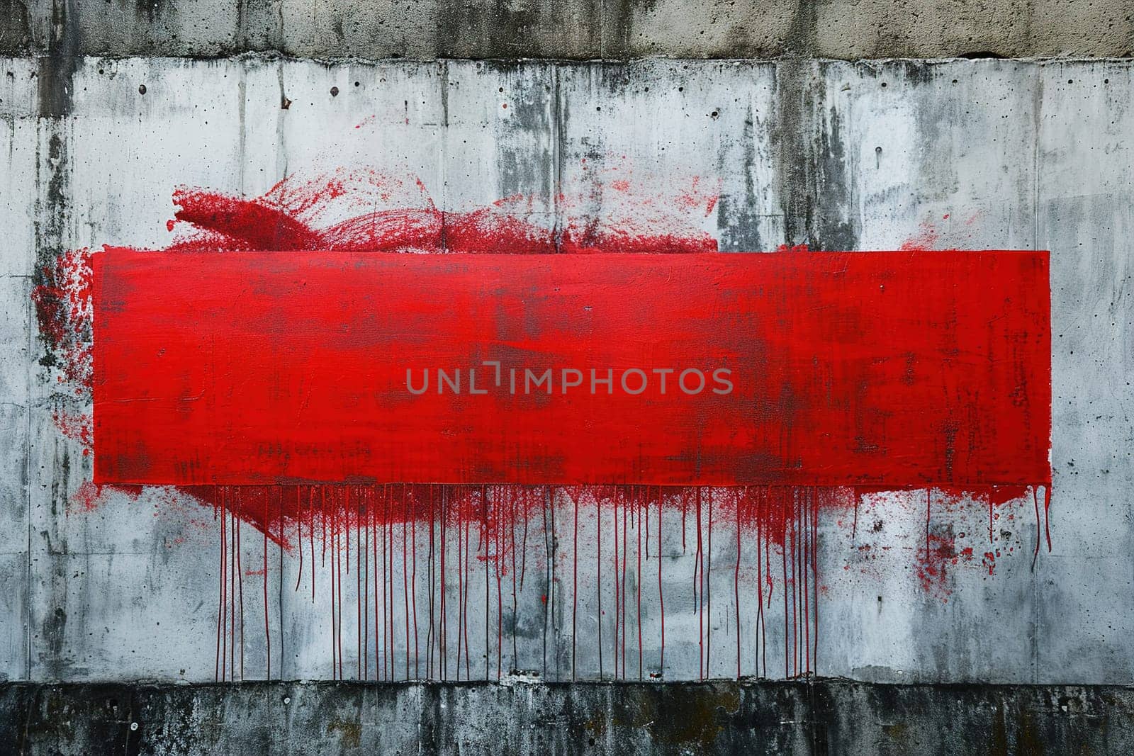 A bold red rectangular brushstroke dominates a concrete wall, offering a dramatic background with space for personalized text, ideal for impactful advertising or artistic messages. Generative AI. by creativebird