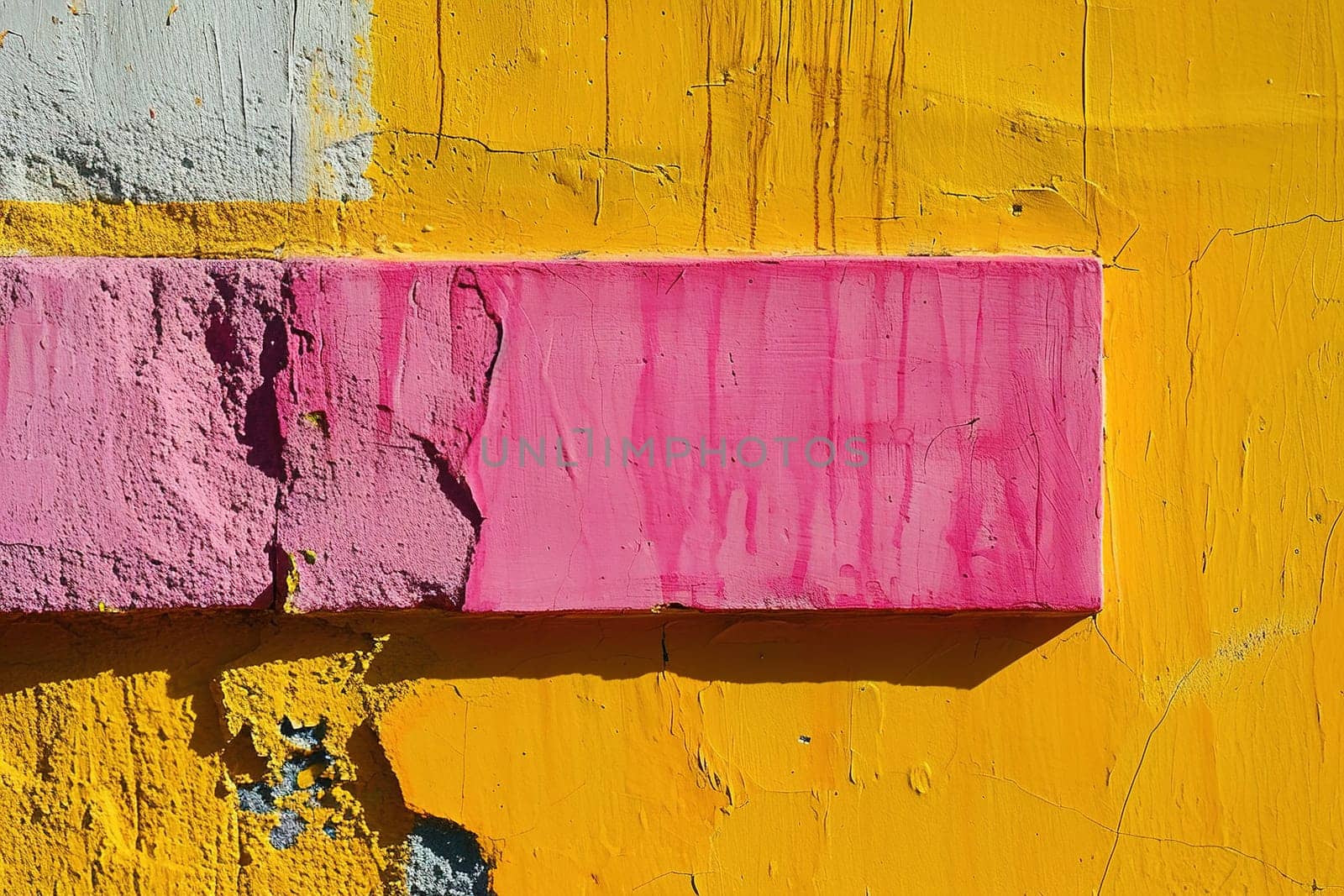 A textured yellow wall featuring a contrasting pink rectangular paint stroke, perfect for adding custom text or messages, ideal for striking design projects and art backgrounds. Generative AI