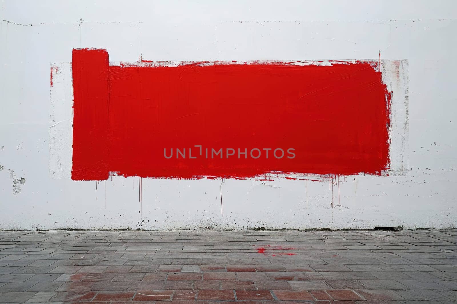 A bold red rectangular brushstroke dominates a white wall, offering a dramatic background with space for personalized text, ideal for impactful advertising or artistic messages. Generative AI. by creativebird