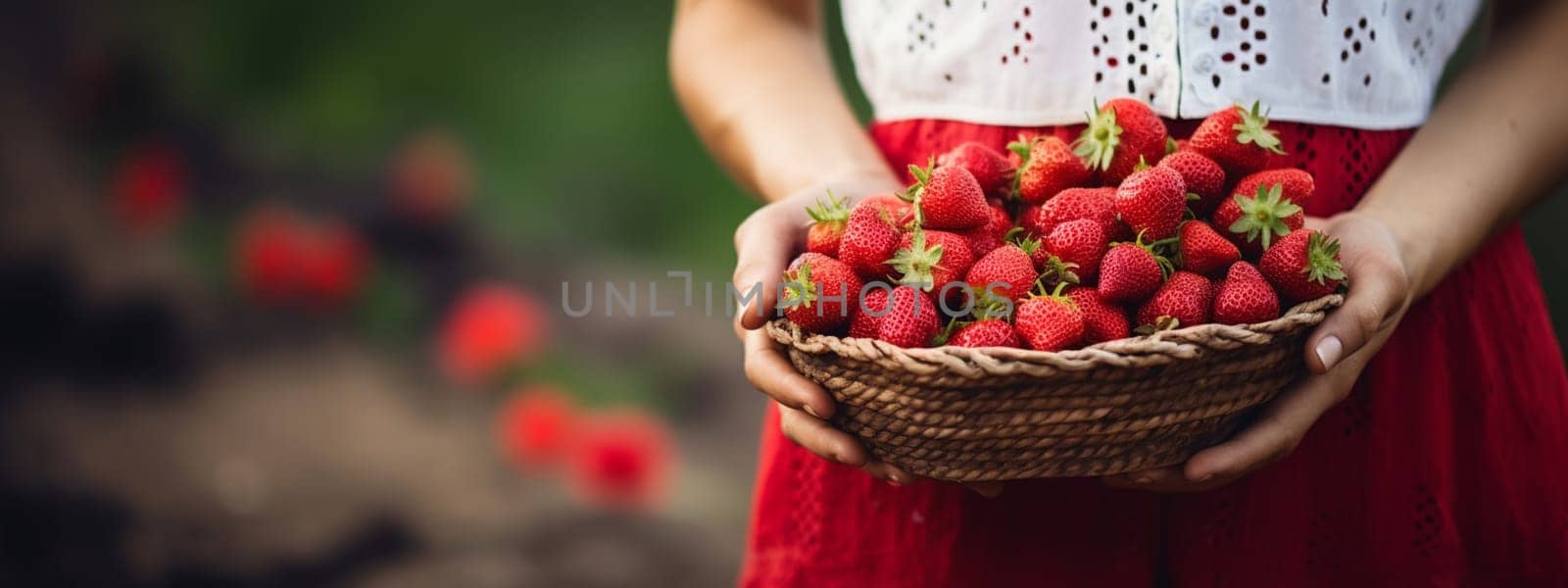 Woman holds freshly picked strawberries in her hand. selective focus. Generative AI, by mila1784
