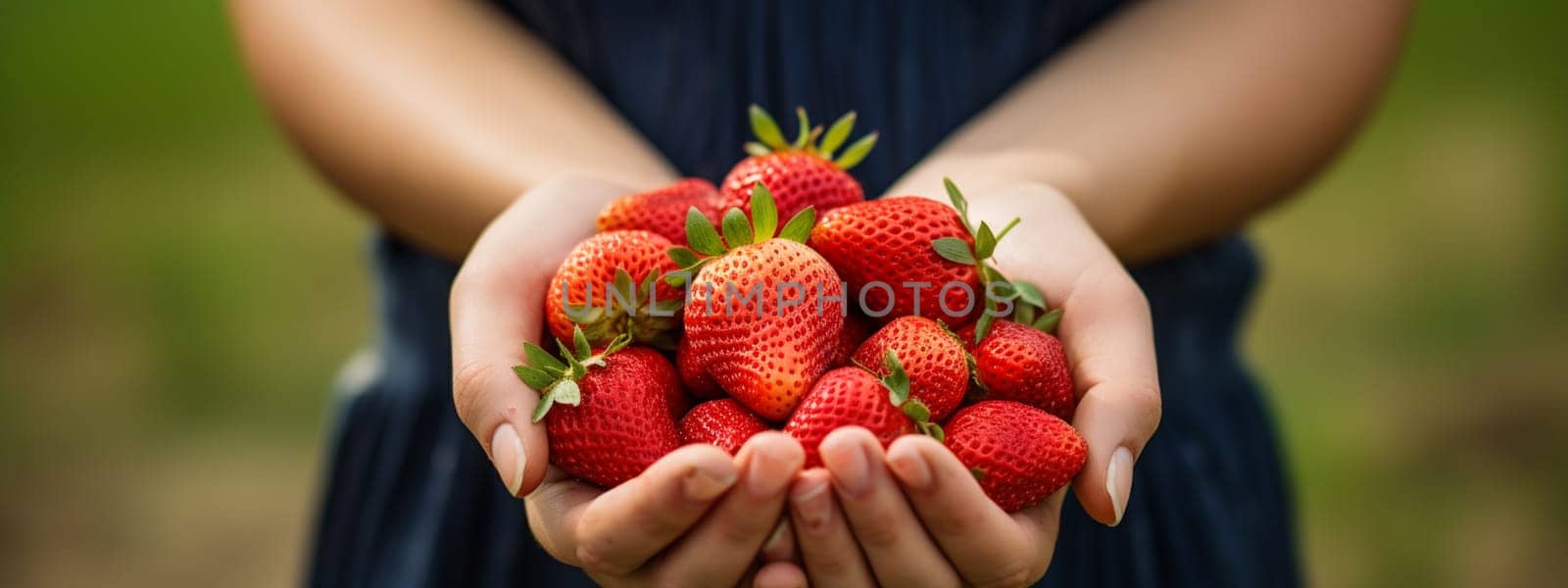 Woman holds freshly picked strawberries in her hand. Food selective focus. Generative AI,