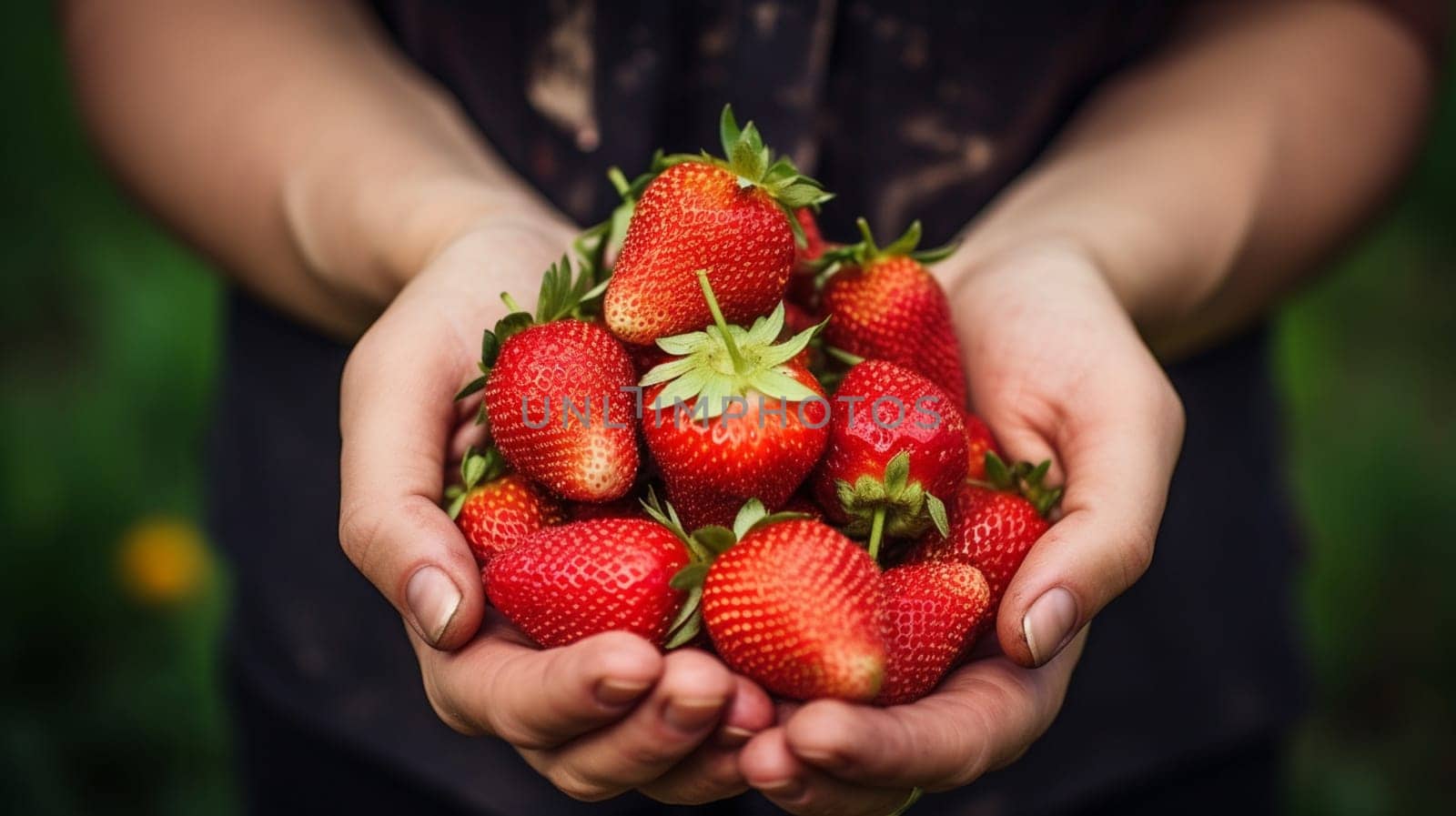 Woman holds freshly picked strawberries in her hand. Food selective focus. Generative AI,