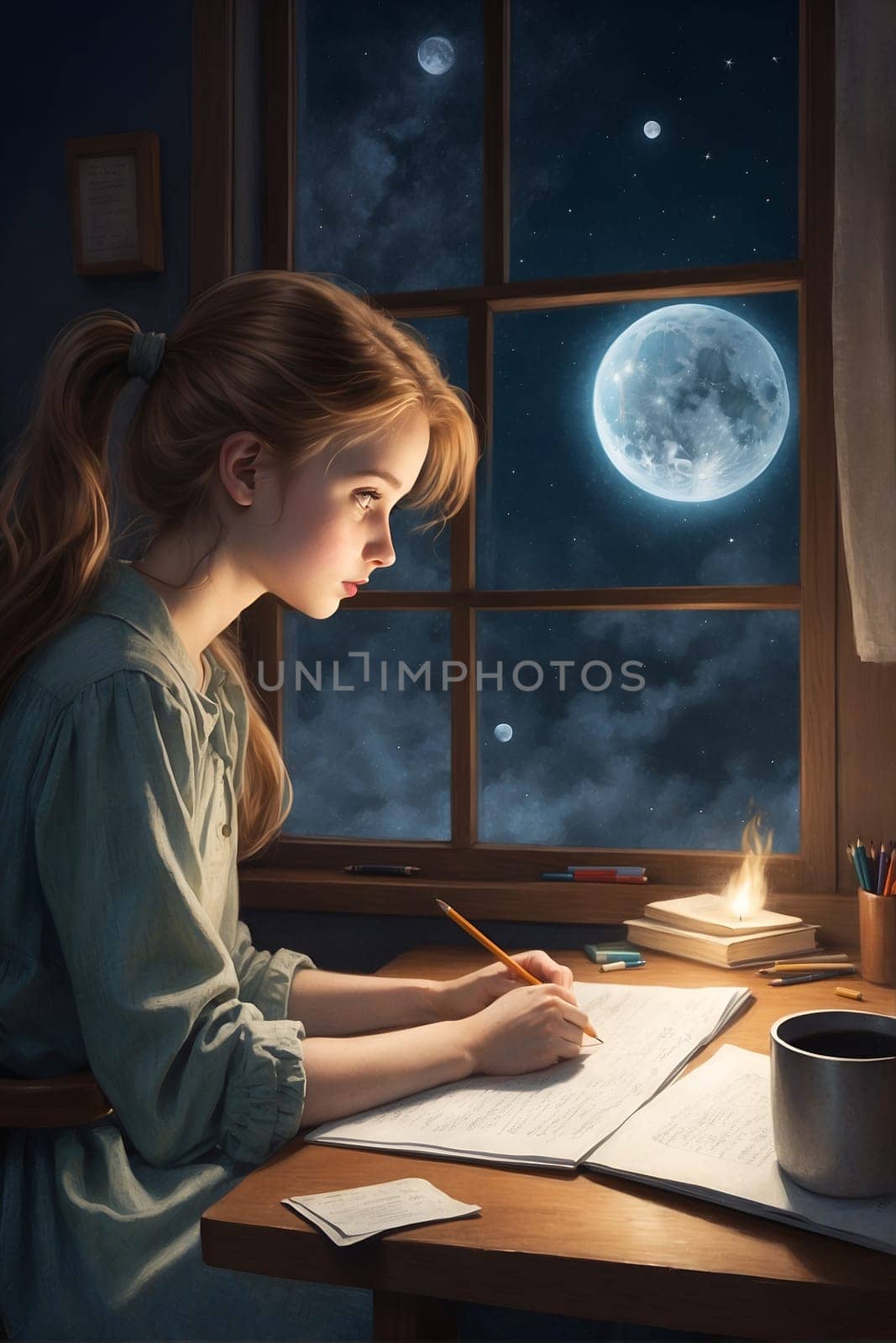 A Girl Writing in Front of a Window, A Delicate Painting Capturing Tranquility and Creativity. Generative AI. by artofphoto