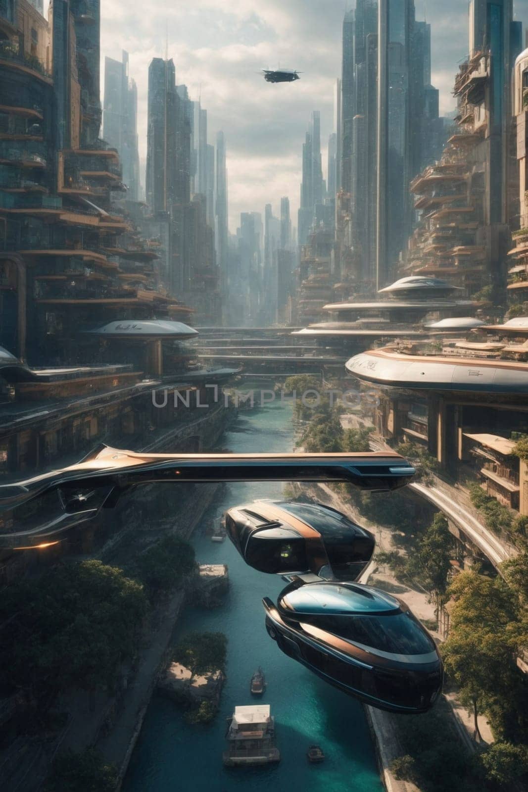 Futuristic City With River, A Modern Metropolis Embracing Nature. Generative AI. by artofphoto