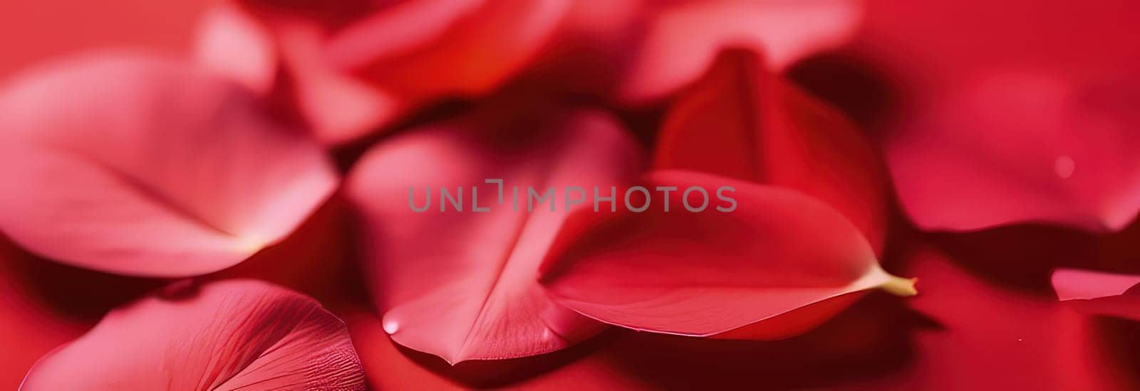 St Valentines day, wedding banner with rose petals on red background, wedding love and romance card template texture. Copy space. Use for cute love sale banner, voucher, greeting card, wrapping paper by Angelsmoon