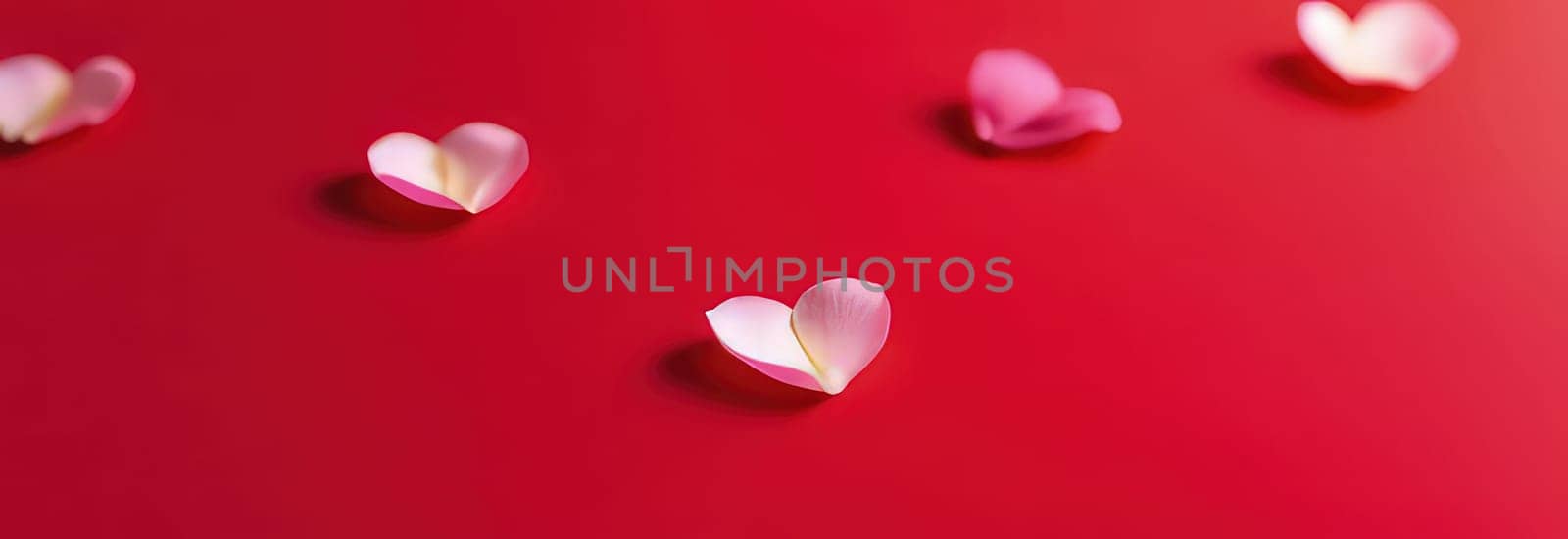 St Valentines day, wedding banner with rose petals on red background, wedding love and romance card template texture. Copy space. Use for cute love sale banner, voucher, greeting card, wrapping paper by Angelsmoon