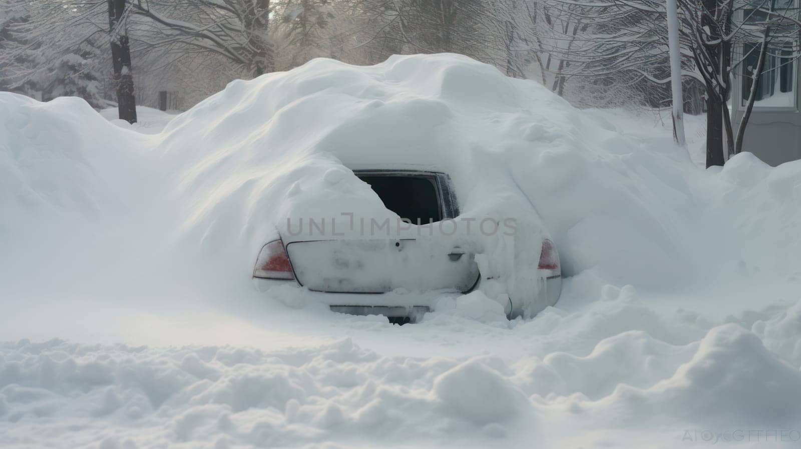 Snow-covered car trapped in a snowy blizzard.