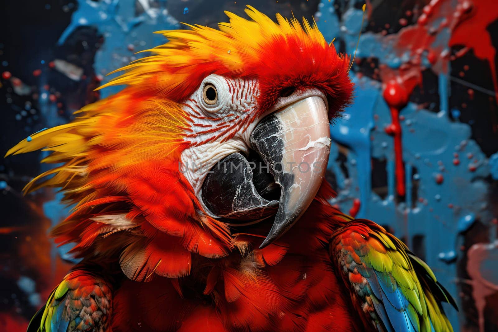 Feathers of Nature: A Vibrant Close-Up Portrait of a Beautiful Scarlet Macaw with a Green Background by Vichizh