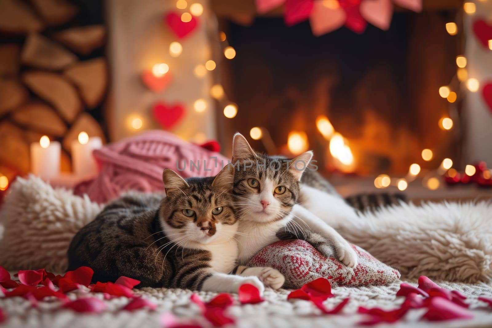 A couple of happy kittens cats together in a cozy room. Kittens loving each other. Adorable cat hugs for Valentine's Day. pragma