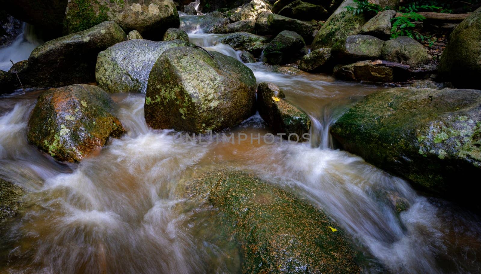 Waterfall is flowing in jungle. Waterfall in green forest. Mountain waterfall. Cascading stream in lush forest. Nature background. Rock or stone at waterfall. Water sustainability. Water conservation. by Fahroni