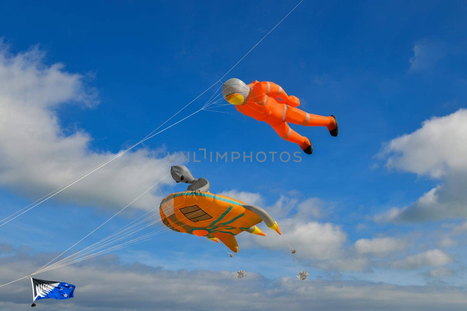 Kite festival. Kites in the sky in the Atlantic ocean