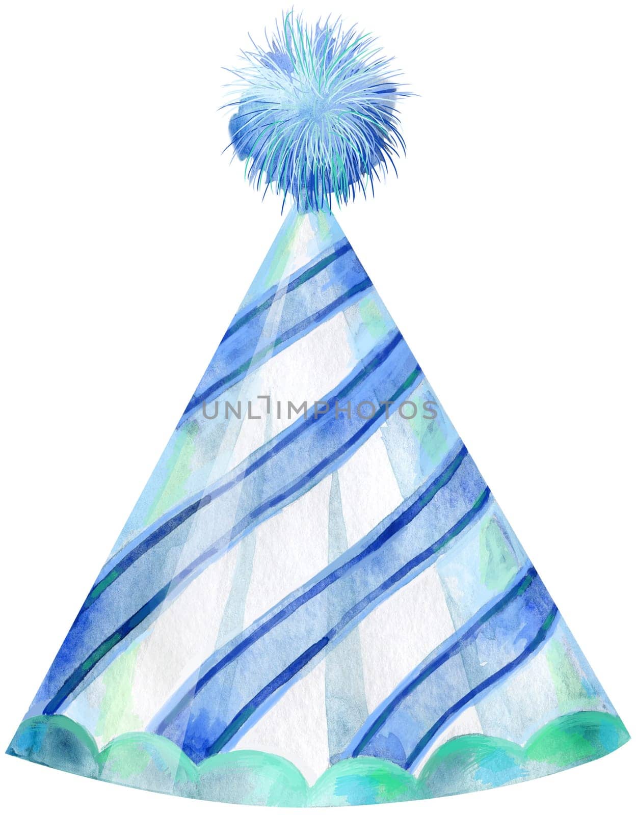 Blue party hat on light background. Card design. Watercolor hand drawing