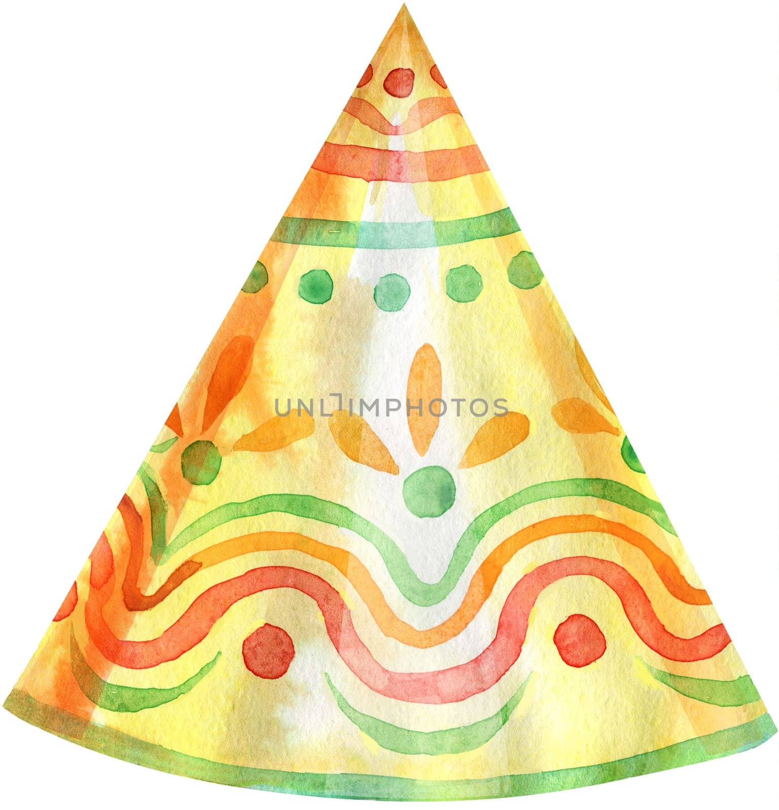 Yellow party hat on light background. Card design. Watercolor hand drawing