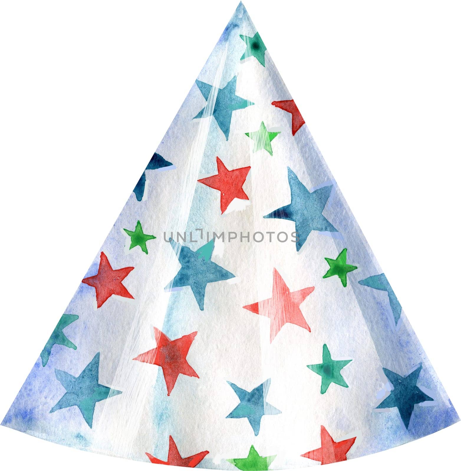 White party hat with stars on white background. Card design. Watercolor hand drawing
